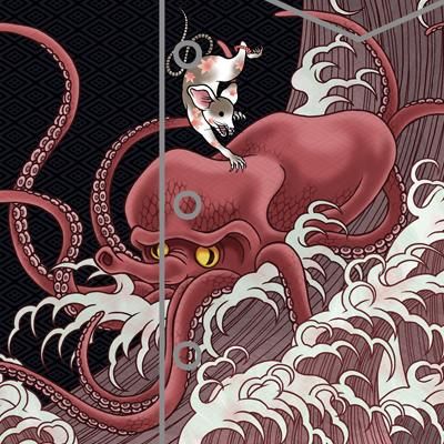 SALE！50％OFF】【在庫限り】雅趣童 蛸サーフ（黒）アロハシャツ