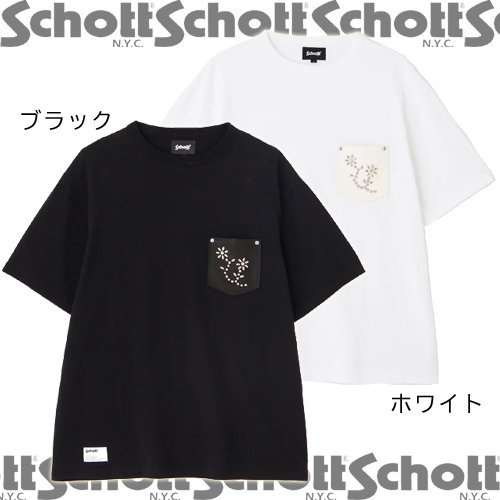 送料無料】【Ｓｃｈｏｔｔ】Ｔ－ＳＨＩＲＴ ＦＬＯＷＥＲ ＳＴＵＤＤＥＤＬＥＡＴＨＥＲ ＰＫＴ／フラワースタッズ レザーポケット Ｔシャツ