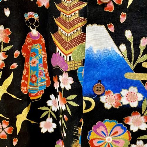 【個性派古着】日本製　半袖総柄デザインシャツ　しわ加工　水彩画風　幾何学模様 L CIAO TOKYO 日本製 羽衣 和柄 半袖シャツ 鯉 魚 和風 派手 柄
