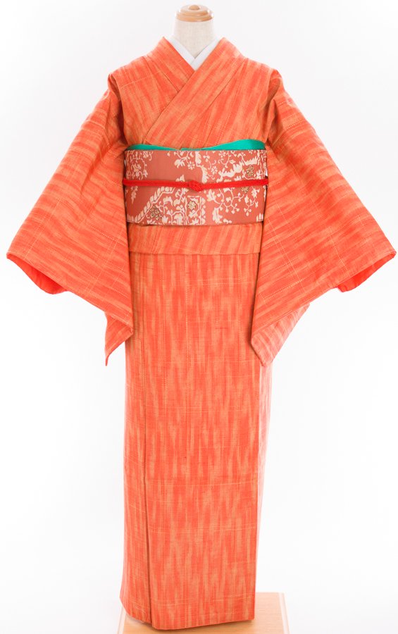 オレンジ暈し ステッチ風の格子柄 紬 からん::アンティーク着物・リサイクル着物の通販サイト