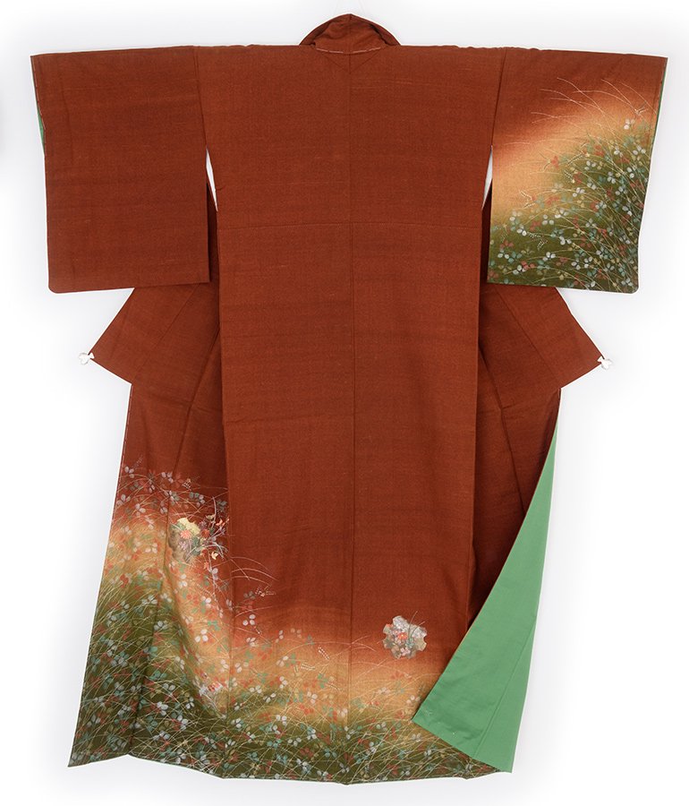 紬訪問着 雪輪に萩・菊など 刺繍 - からん::アンティーク着物