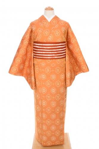単衣　紬　蜜柑色　亀甲紋のサムネイル画像