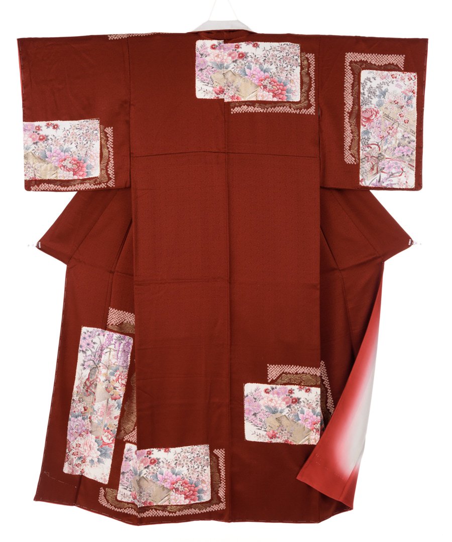 3432◇アンティーク着物袷牡丹色にアールデコな菊や竹小花の織柄