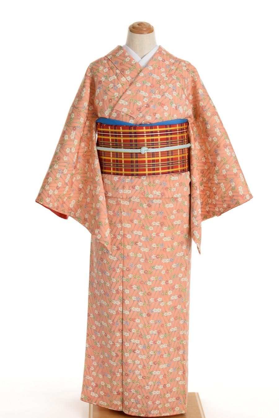 コーラルピンクの地 桜繋ぎ - からん::アンティーク着物・リサイクル