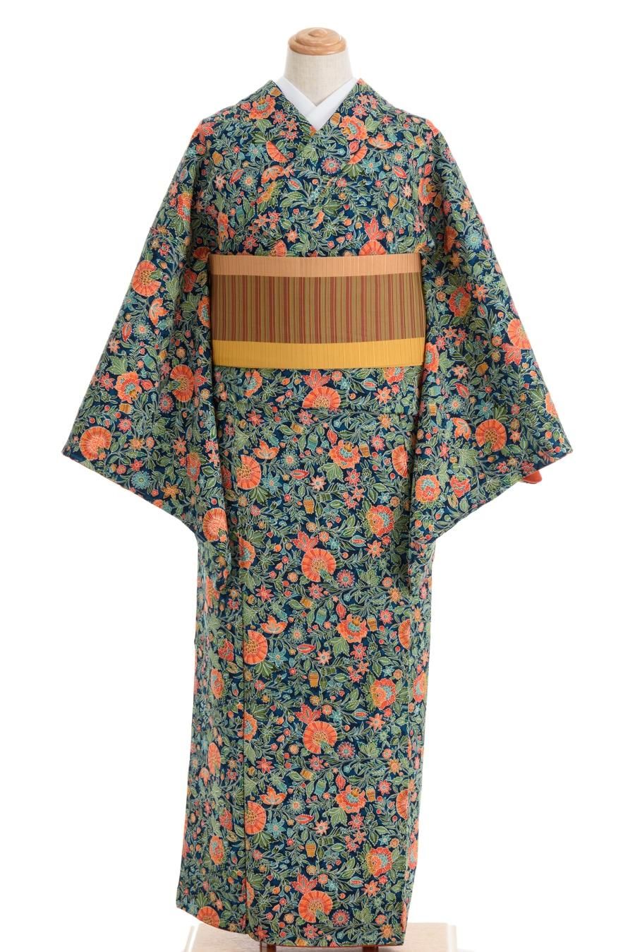 紺地にオレンジの唐花 - からん::アンティーク着物・リサイクル着物の