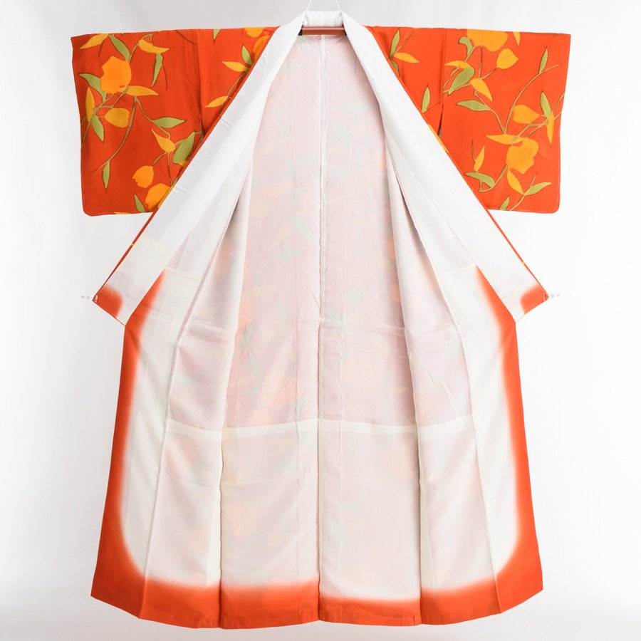 朱色の地 オレンジ色の大きな花 - からん::アンティーク着物
