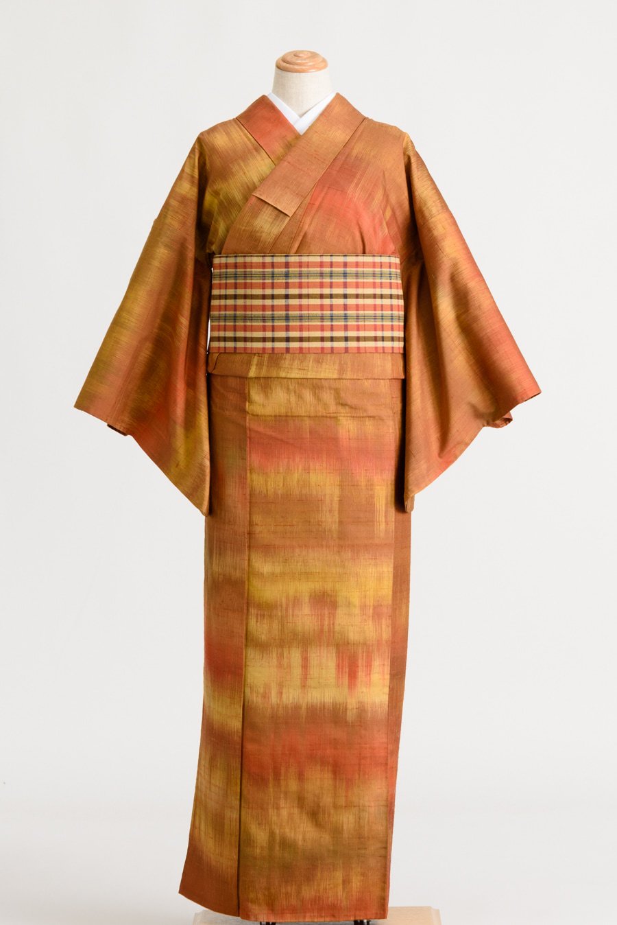 単衣 紬 赤茶横段グラデーション からん::アンティーク着物・リサイクル着物の通販サイト