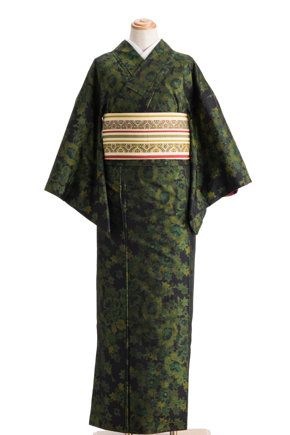 デウス エクスマキナ 深いグリーンに虹色の四角形が織られた大島紬の小紋 着物