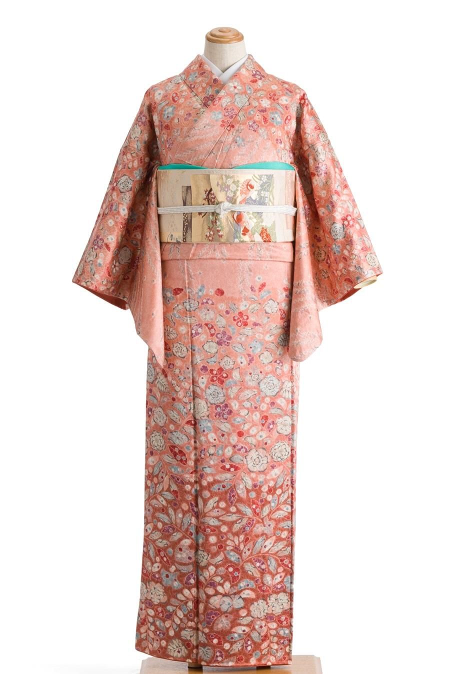 美品　訪問着　正絹　オレンジ　和服　着物　竜胆着物