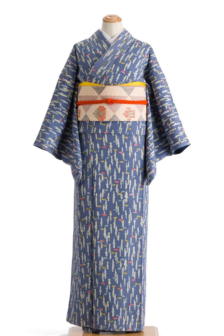 染大島紬 斜め抽象模様の付け下げ 着物 お洒落 くすみブルー 103w+