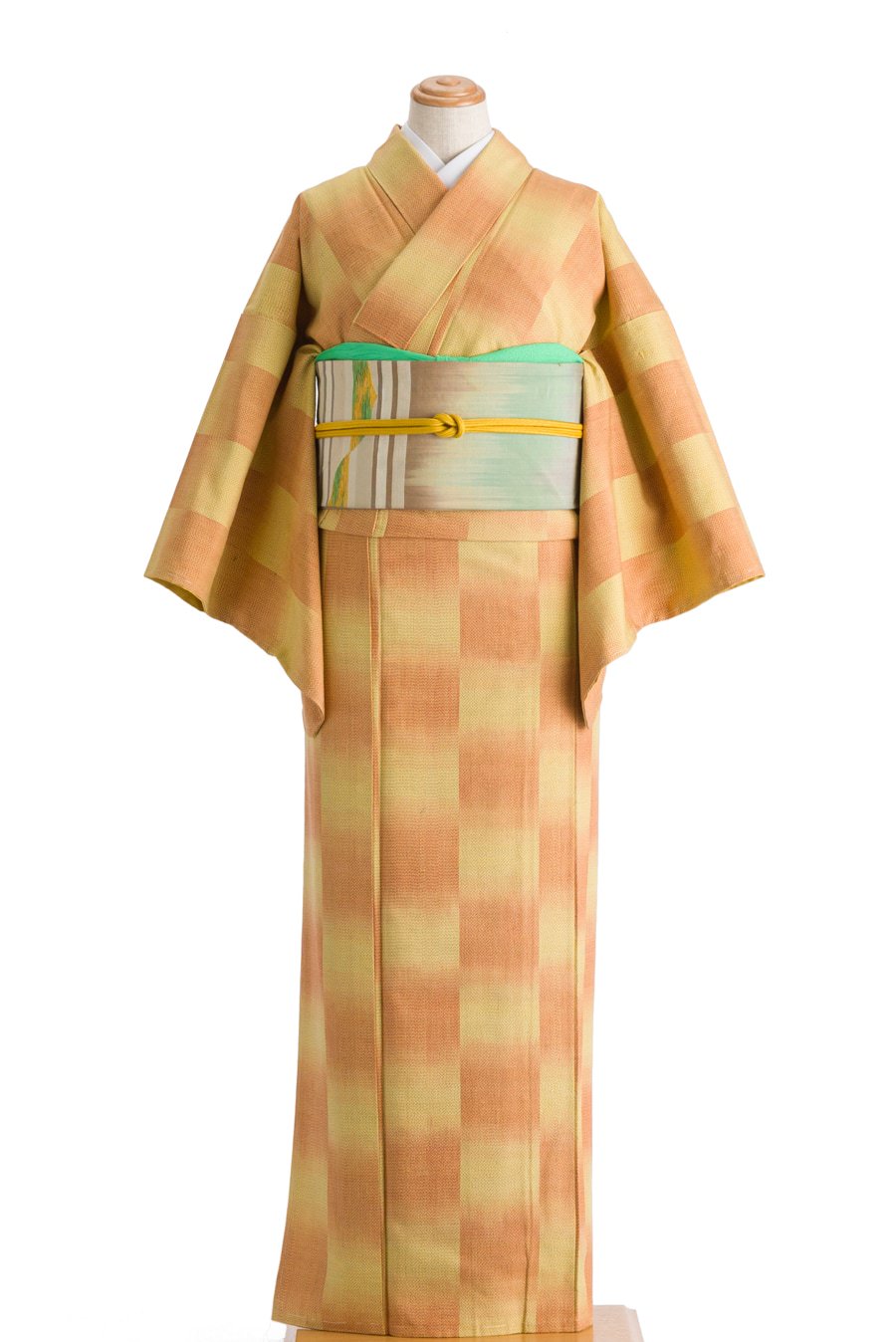 紬 黄色とオレンジの市松   からん::アンティーク着物・リサイクル着物