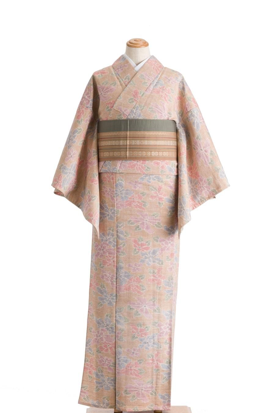 単衣 紬 褐色地に花 - からん::アンティーク着物・リサイクル着物の