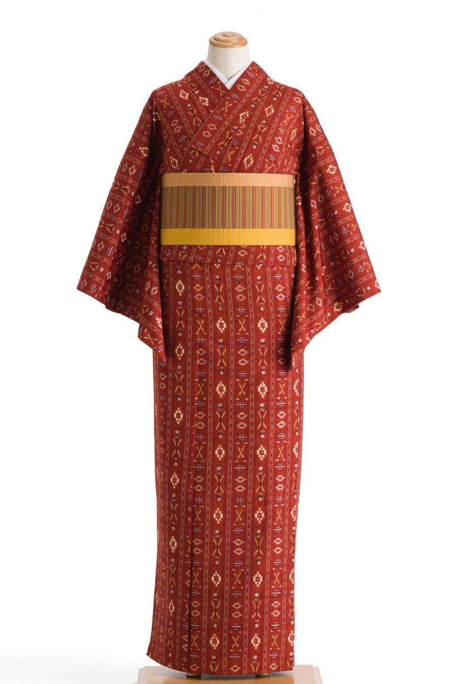 単衣 紬 赤煉瓦色に絣模様 - からん::アンティーク着物・リサイクル 