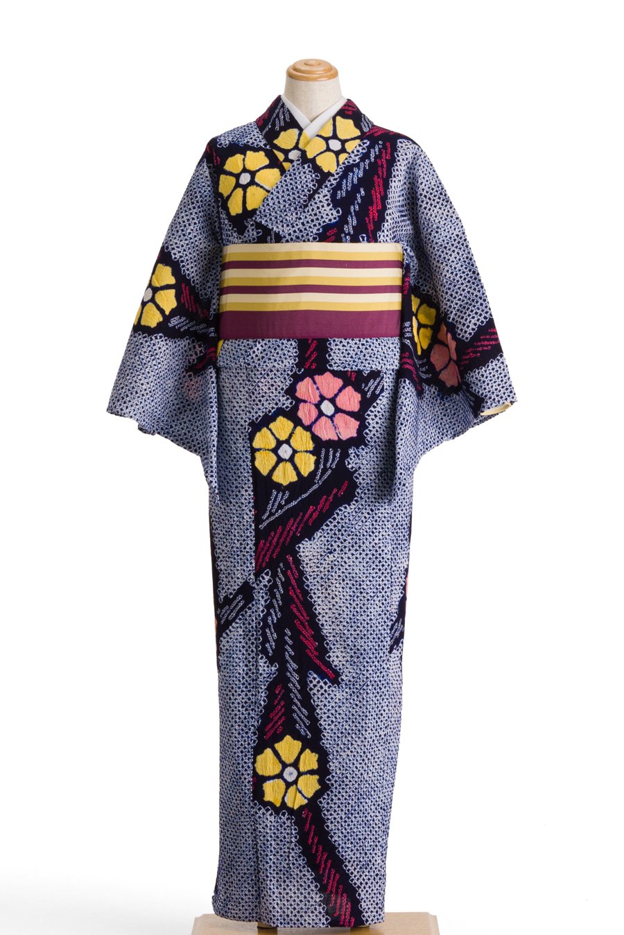 絞りの浴衣 二色の花とシャープな葉 - からん::アンティーク着物・リサイクル着物の通販サイト