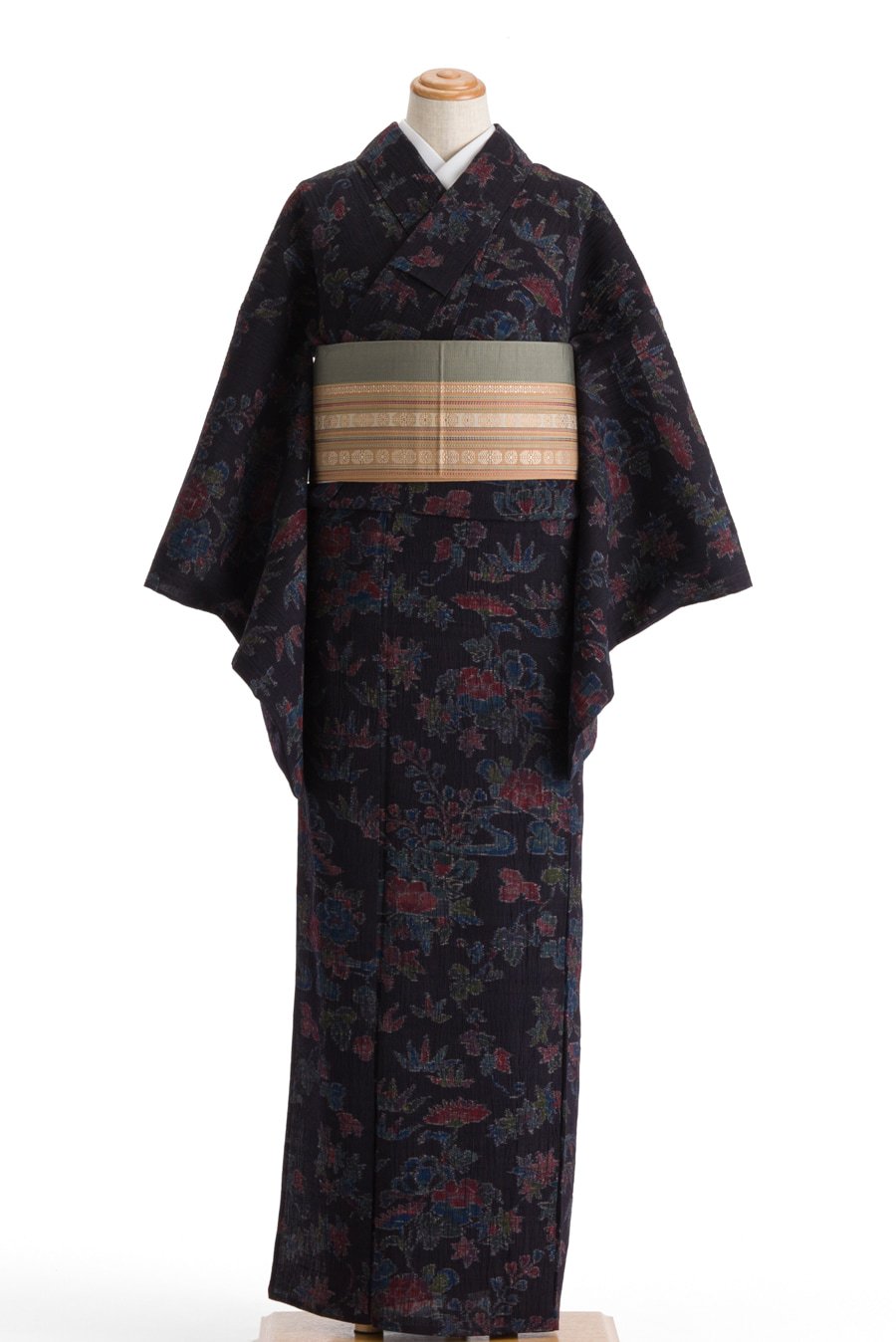 K-2404 単衣 紬着物 加津美絹紬 趣味の手織 京極生壁色 しつけ糸の+
