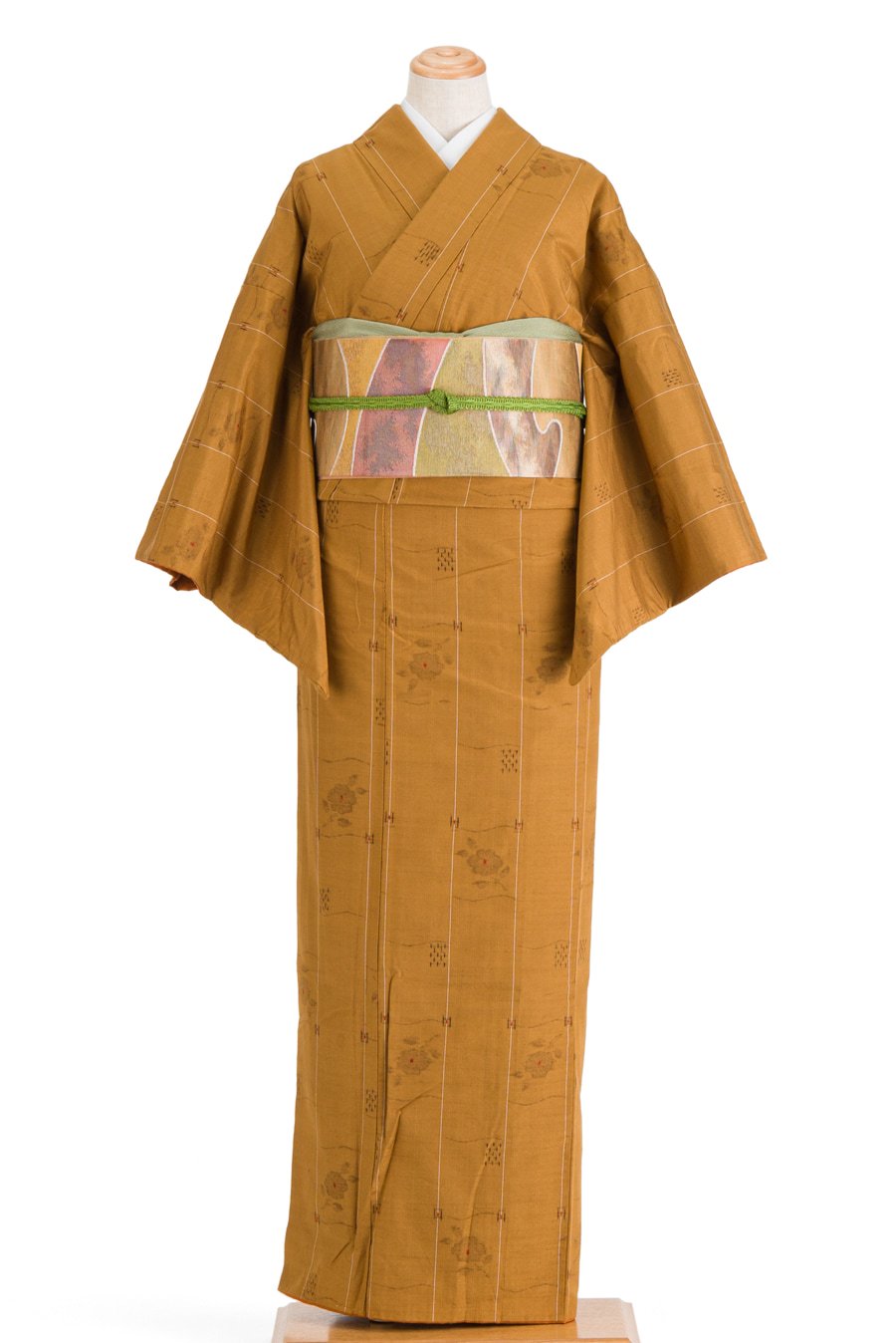紬 着物 渋黄茶 花織風の地紋 カジュアル 裄65.5 Ｍ～Ｌ sn842 - 着物 