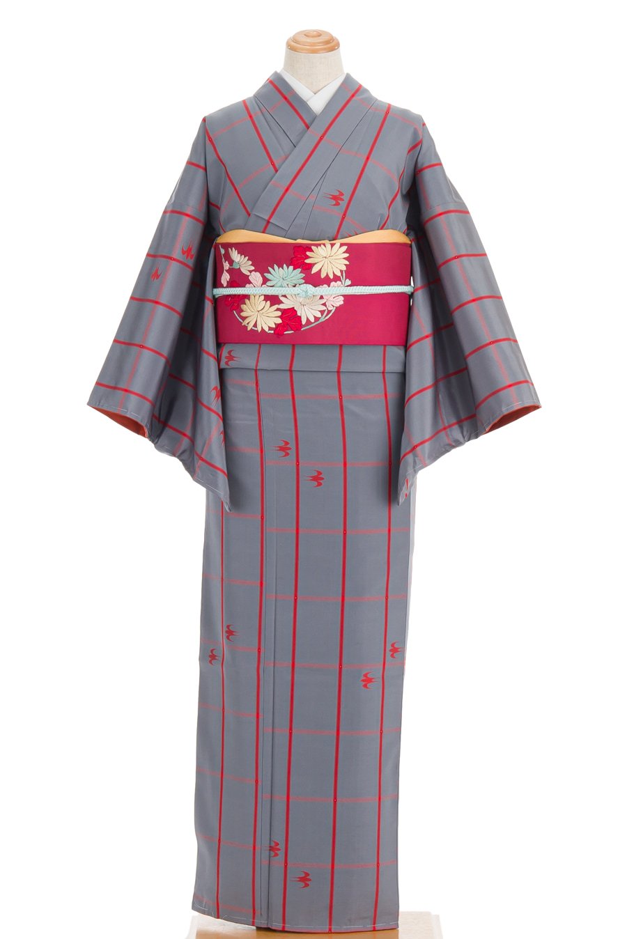 紬 赤格子に絣の燕 - からん::アンティーク着物・リサイクル着物の通販