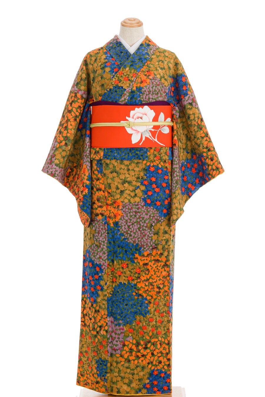 椿 菊 蔦の葉 色彩豊かな花模様 - からん::アンティーク着物
