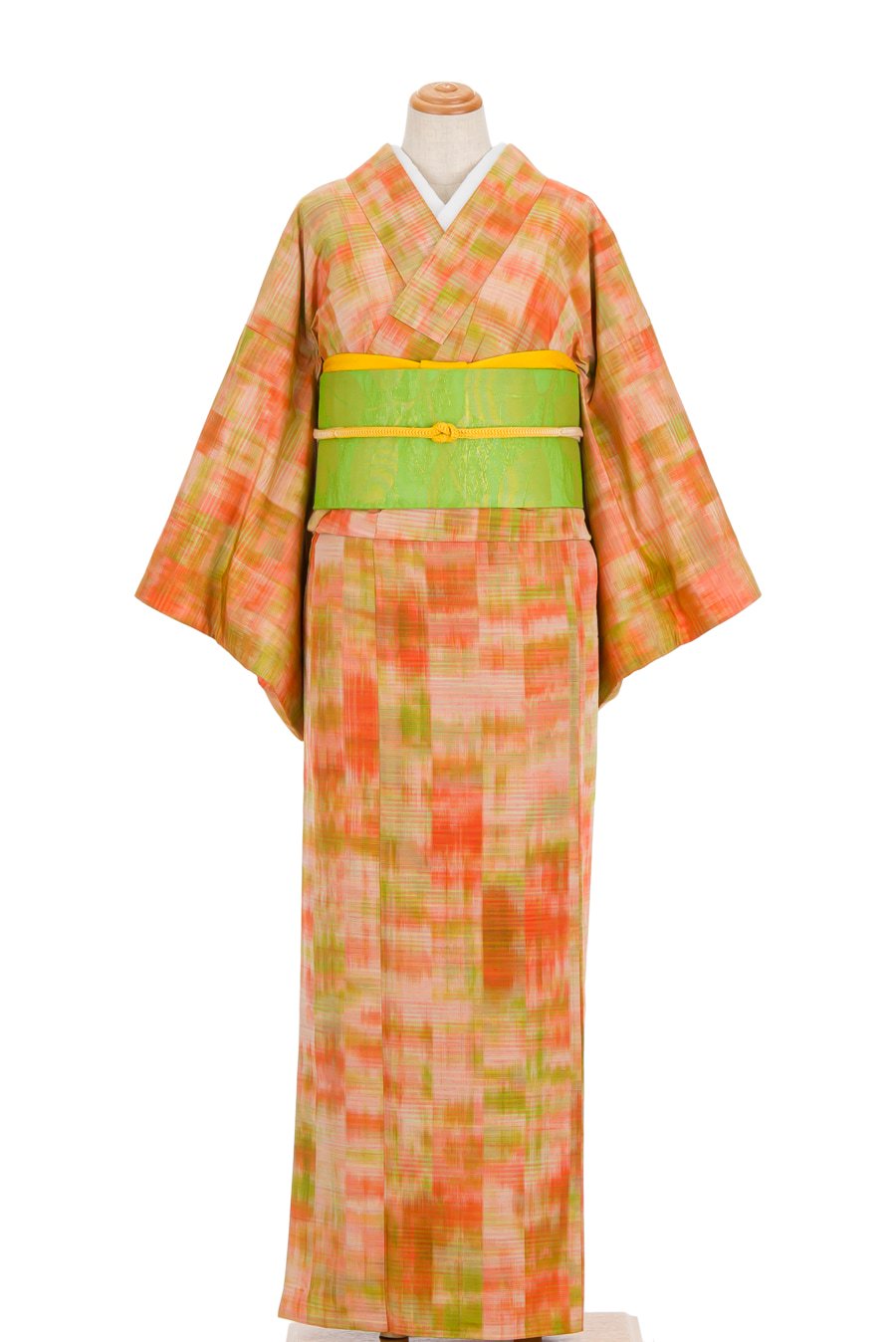 単衣 紬 オレンジと黄緑 - からん::アンティーク着物・リサイクル着物