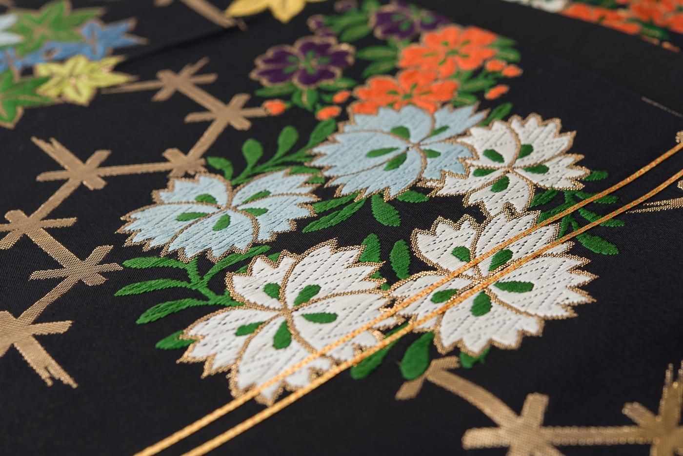 リバーシブル　袋帯　絞り　藍染　亀甲　菊花　リーフ模様　着物　064a p リバーシブル 袋帯 絞り 藍染 亀甲 菊花 リーフ模様 着物 064a p