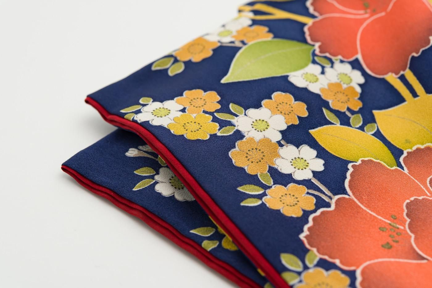 紺地 大きなオレンジの花 - からん::アンティーク着物・リサイクル着物