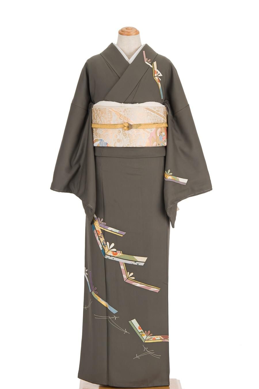 訪問着 海松茶 松葉 - からん::アンティーク着物・リサイクル着物の