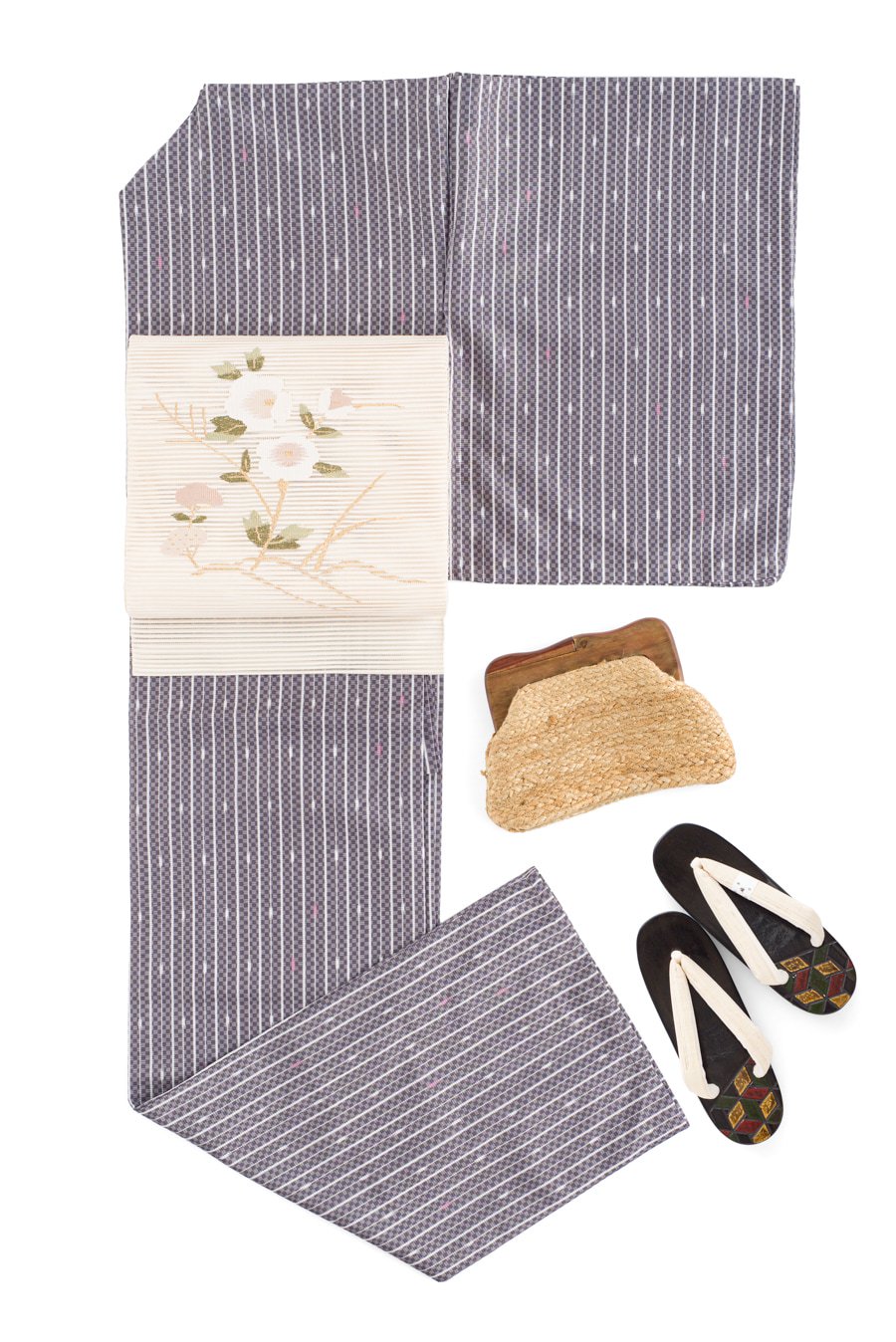 「新品　洗える着物　絽　縞と矢羽根（灰紫）L」の商品画像
