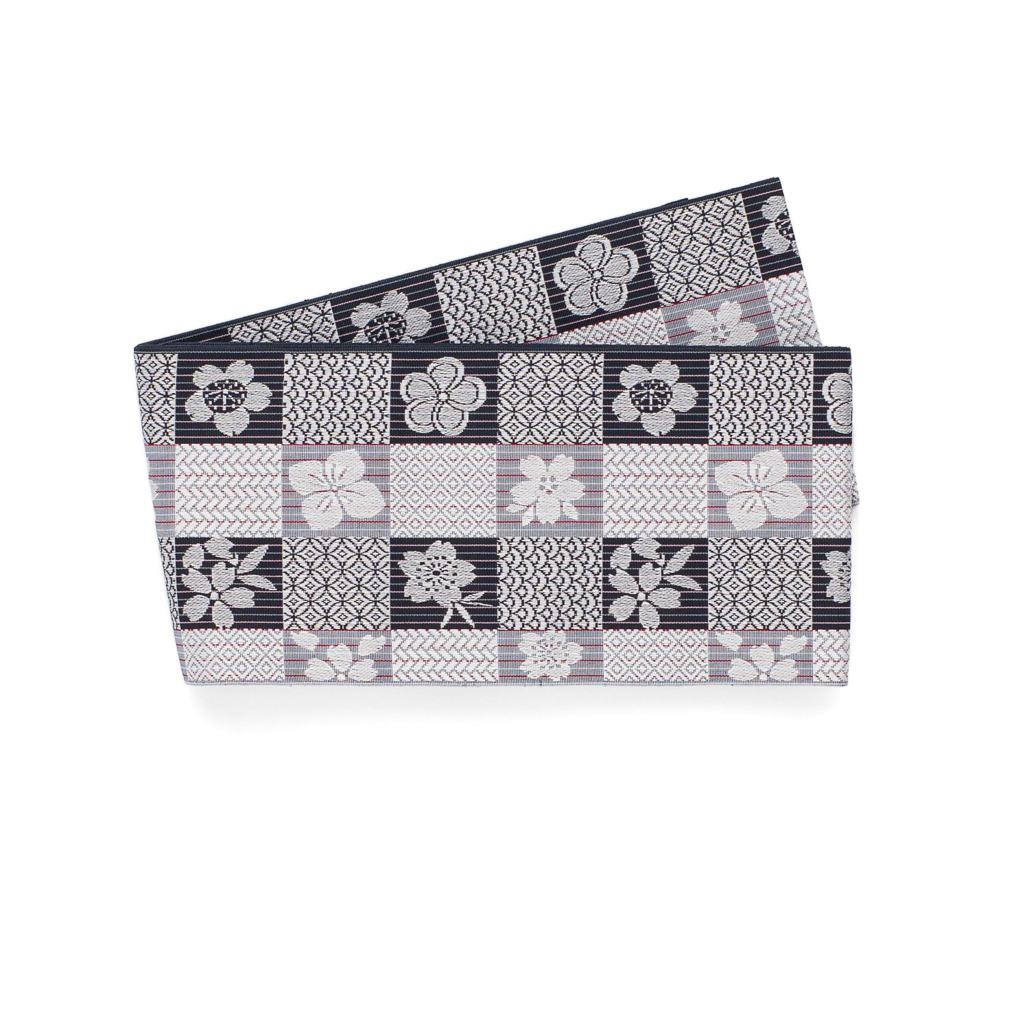 「博多小袋帯　市松と花　黒」の商品画像