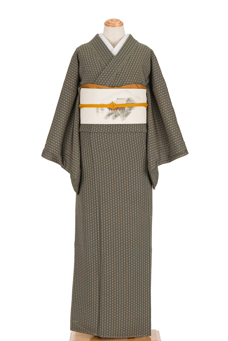 K-1827 紬着物 麻の葉柄 グラデーション 絣模様 - 女性和服、着物