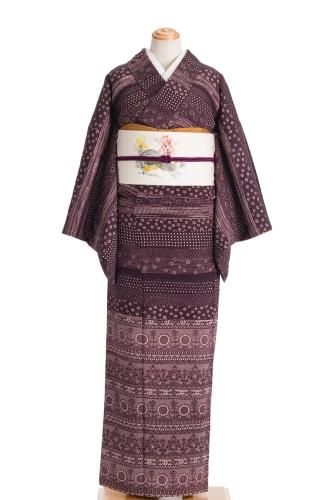 アンティーク着物　縮緬　花唐草模様　ブルーグレー　グレープ　正絹　No.4-24 小紋 身丈161.5cm 裄丈64.5cm M 袷 花唐草 鳥 縮緬 青灰色 正絹 優品