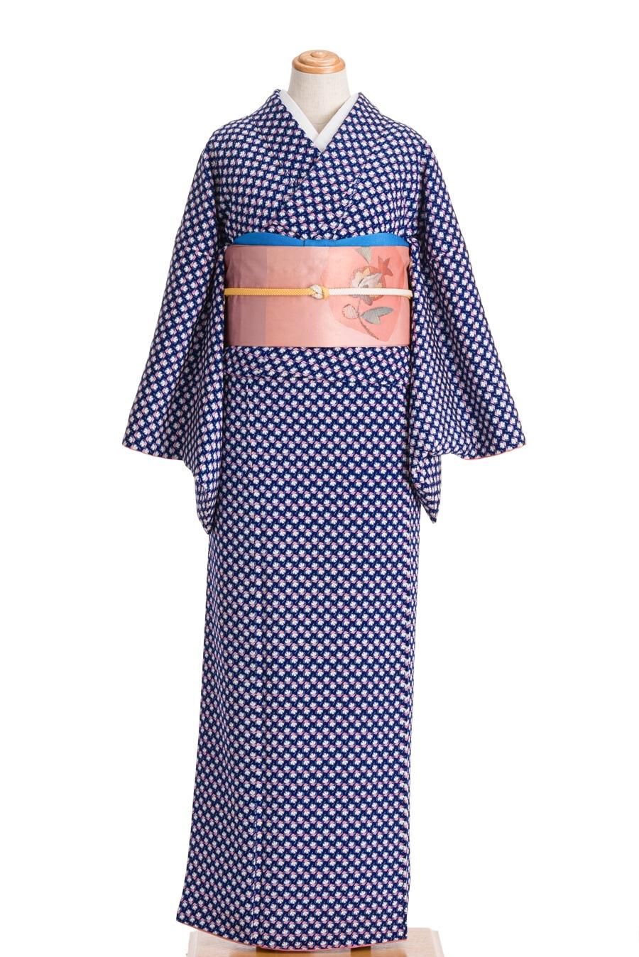 (あ694)珍品‼️縮緬 型染めアンティーク振袖㊗️青海波 鶴 松柄扇 鼓 ✨ あ694)珍品‼️縮緬 型染めアンティーク振袖㊗️青海波 鶴 松柄扇