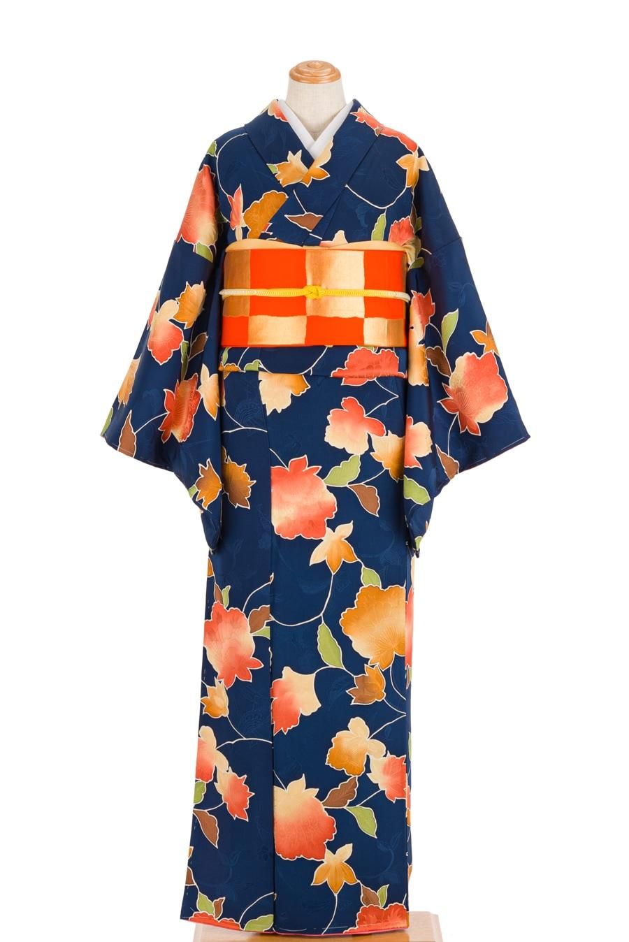 地紋起こし 紺地に大きな花 - からん::アンティーク着物・リサイクル