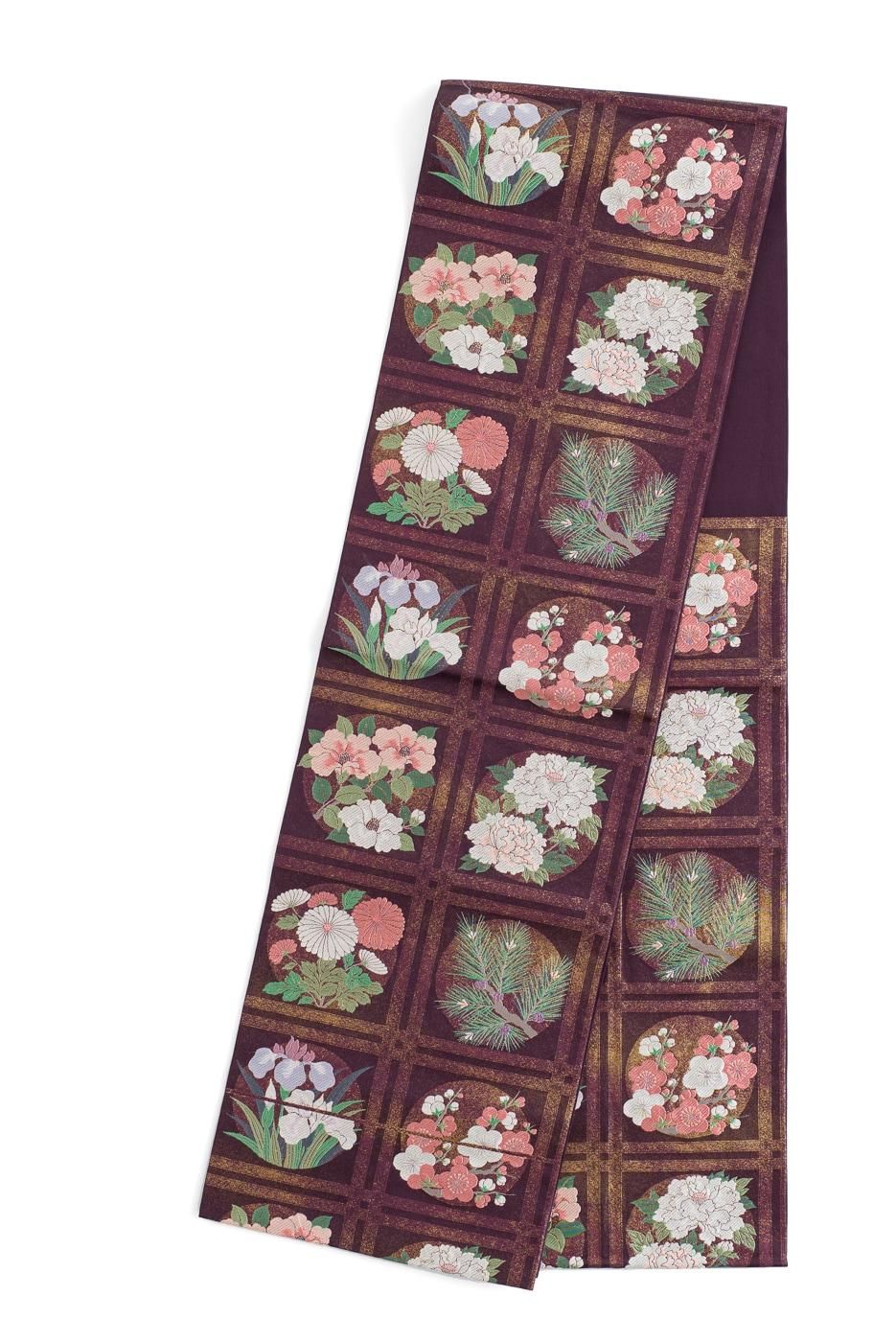 袋帯○格子に牡丹 菊 椿など - からん::アンティーク着物