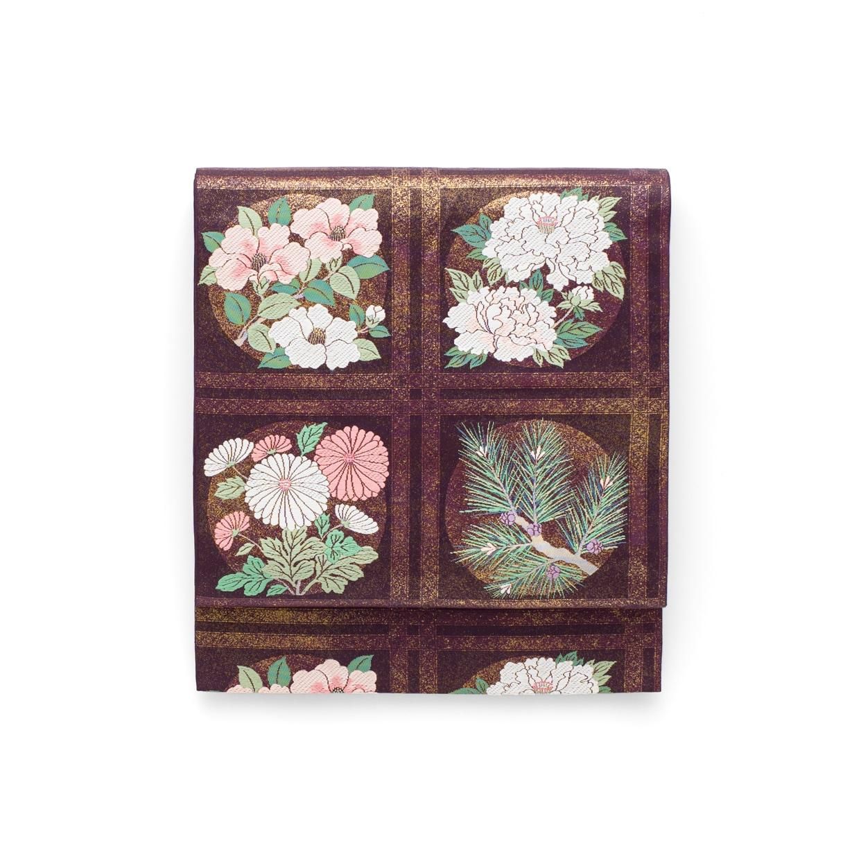 袋帯○格子に牡丹 菊 椿など - からん::アンティーク着物