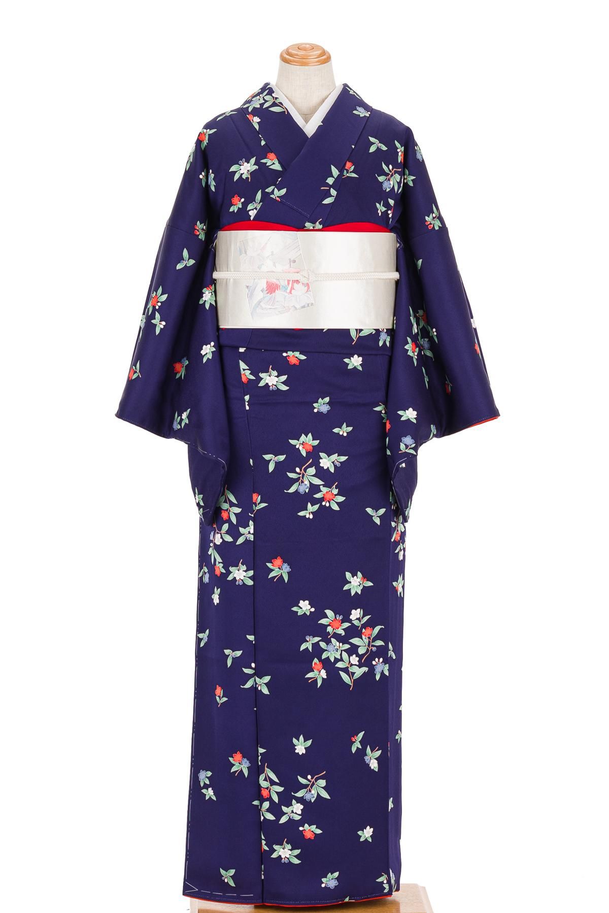 紺色 花柄刺繍 小紋 着物 和装 肩から160㎝ 紺色 花柄刺繍 小紋 着物