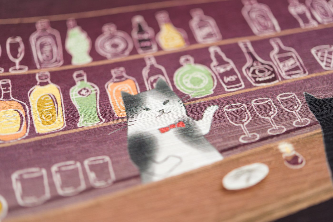 WAKKA 京袋帯 名古屋帯 作り帯 猫柄 ねこ酒Bar - レディースファッション