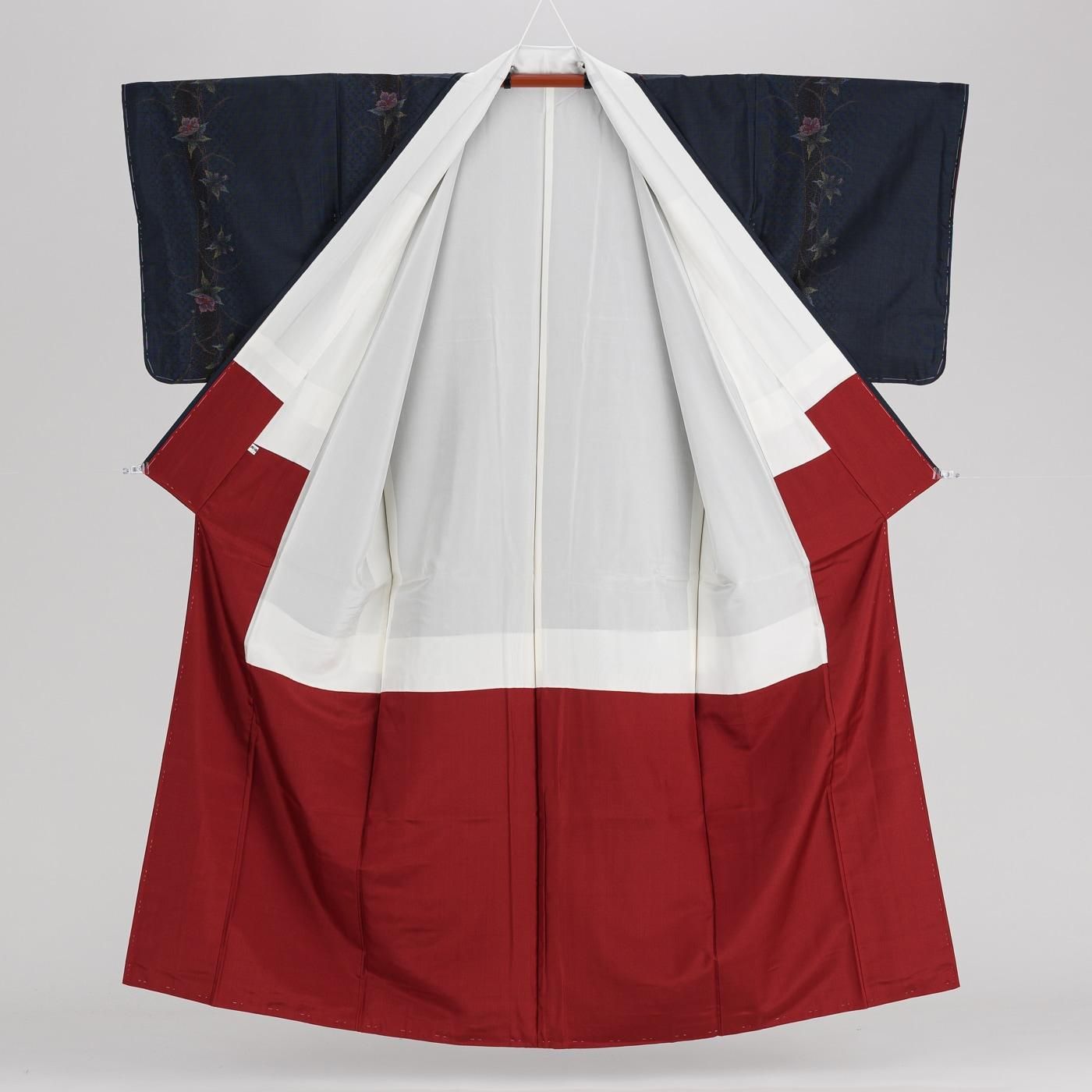 大島紬 紺地 花のライン - からん::アンティーク着物・リサイクル着物