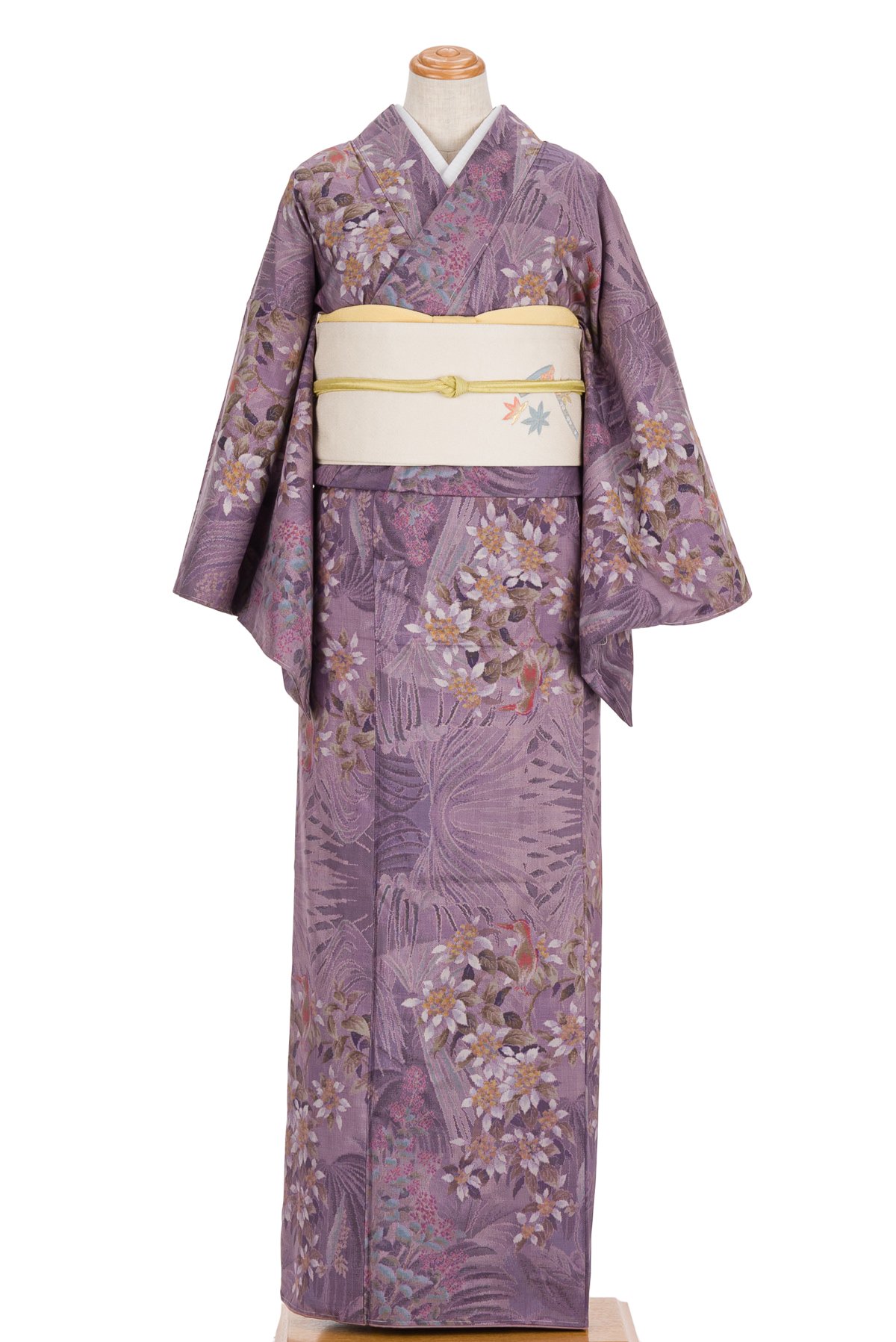 大島紬大島紬　カタス式9マルキ　よろけ縞に紫の花　未使用　着物