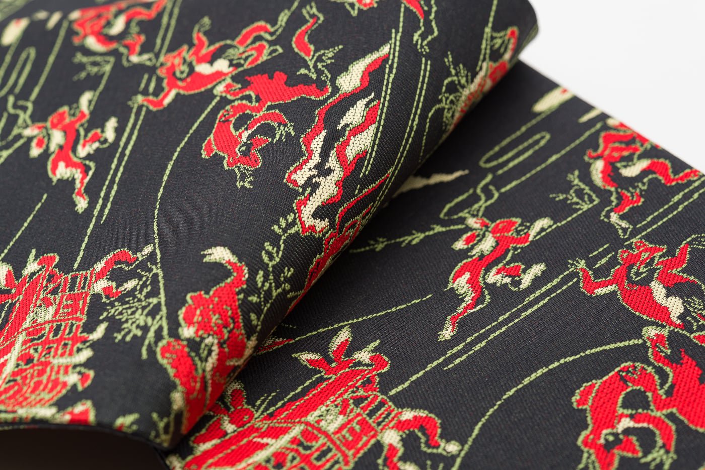 新品 正絹半幅帯 鳥獣戯画 黒×赤 - からん::アンティーク着物
