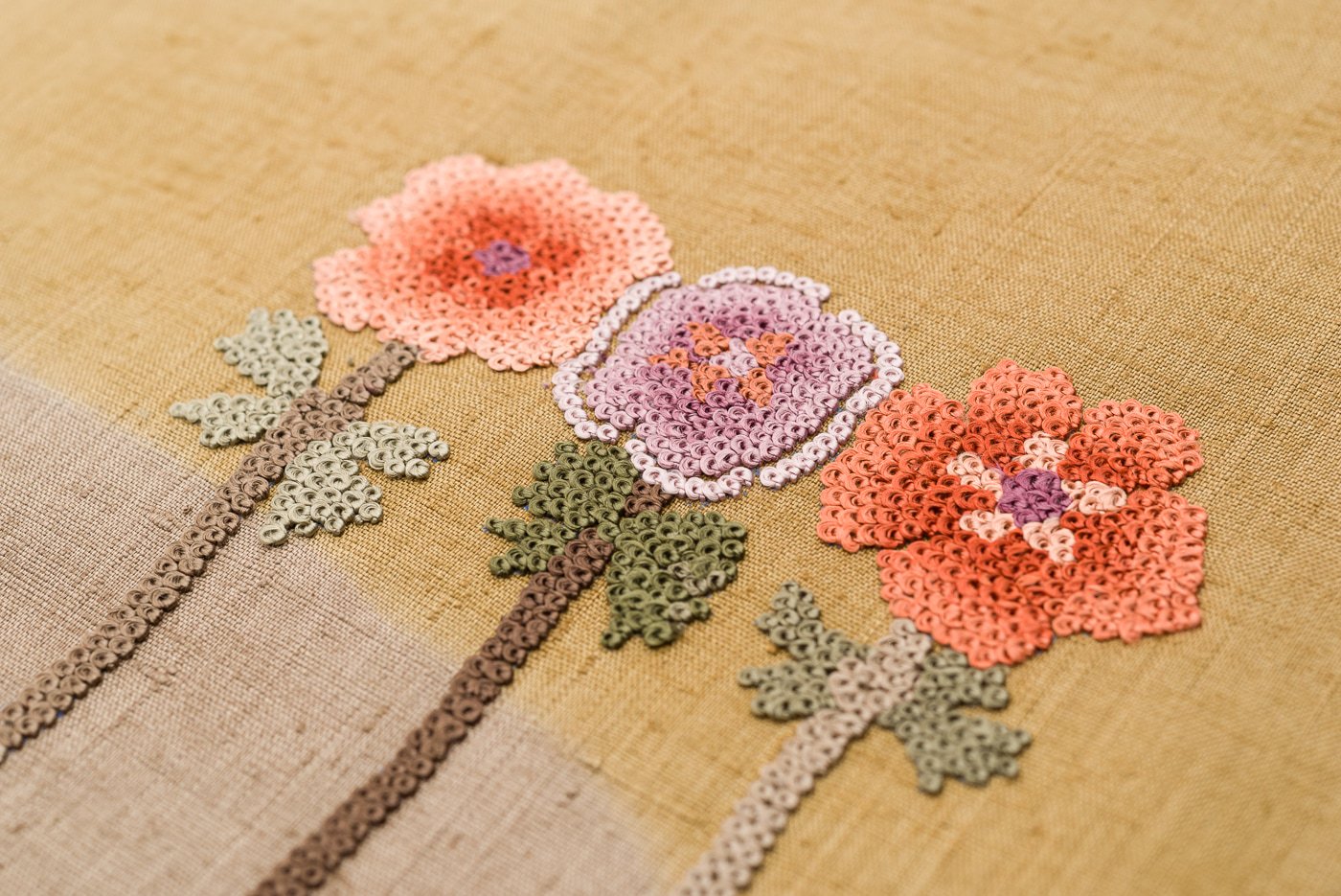 帯397 ○高級 いやらしく 正絹 紬 相良刺繍 汕頭刺繍 袋帯 華文 花文