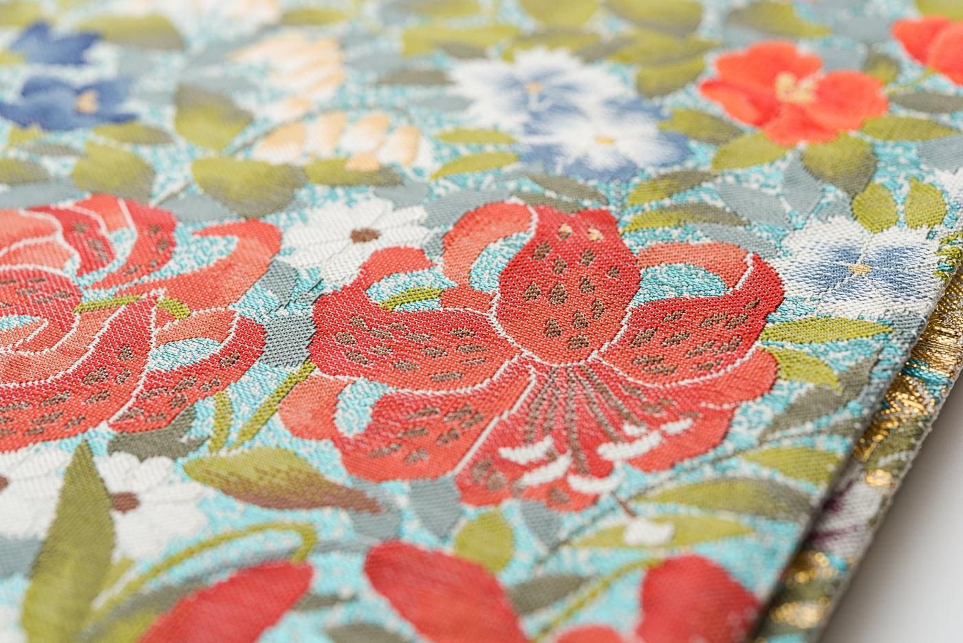 袋帯 春の宴 銀銹錦 花鳥柄 風景柄 御所車 松 藤の花 金糸 O-3573 袋帯 春の宴 銀銹錦 花鳥柄 風景柄 御所車 松 藤の花 金糸 O-3573