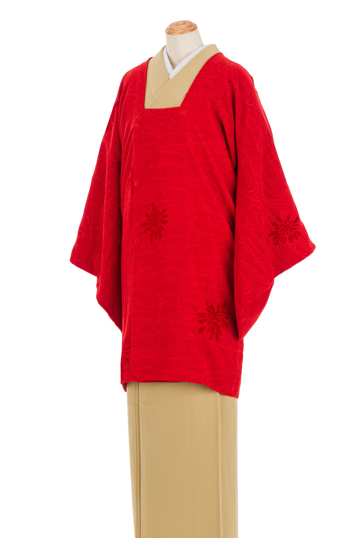 【正絹　雨コート】未着用　ふくよかな方用　朱赤　美品　163㎝前後　B295着物・浴衣