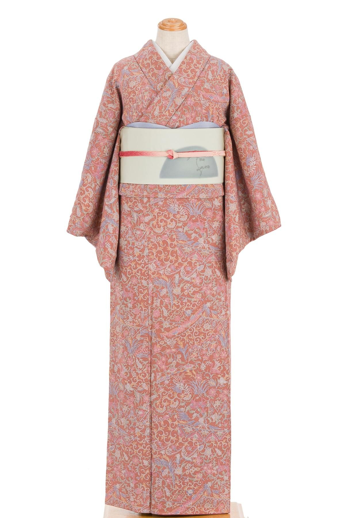 【本物新品保証】 青 赤紫 明るい紅鶸色 色留袖 R7SK468 花 シルク 鷹の羽 家紋 着物・浴衣