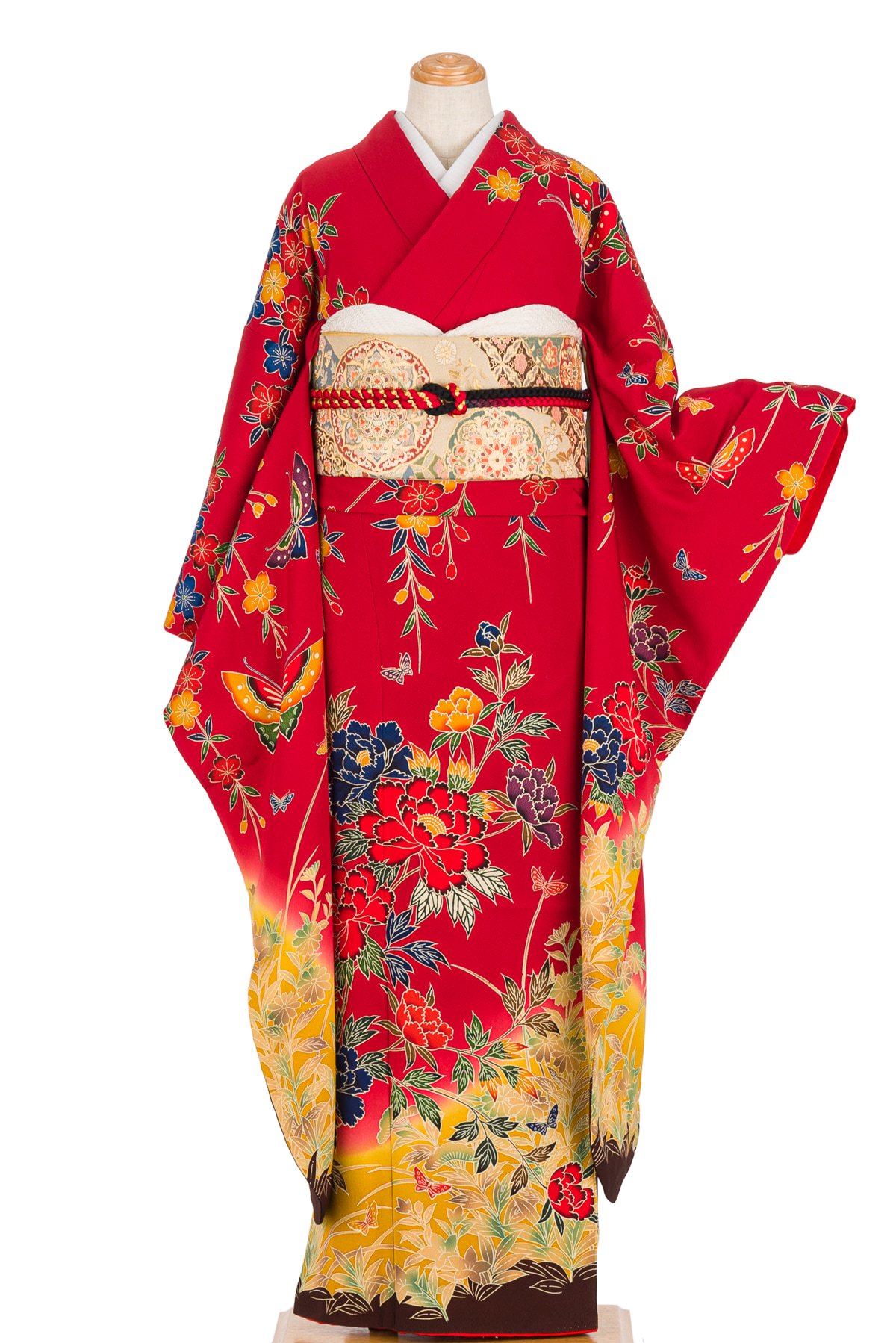成人式振袖 正絹 着物 単品 仕立て上がり ラメ 金駒縫 深い赤色 NO39569