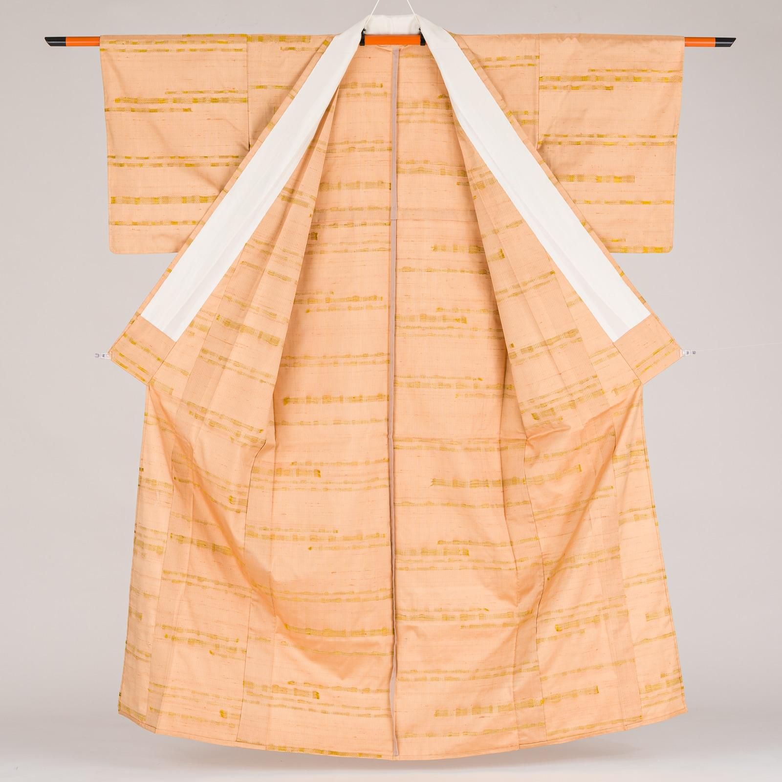 単衣 紬 オレンジベージュ ボーダー - からん::アンティーク着物