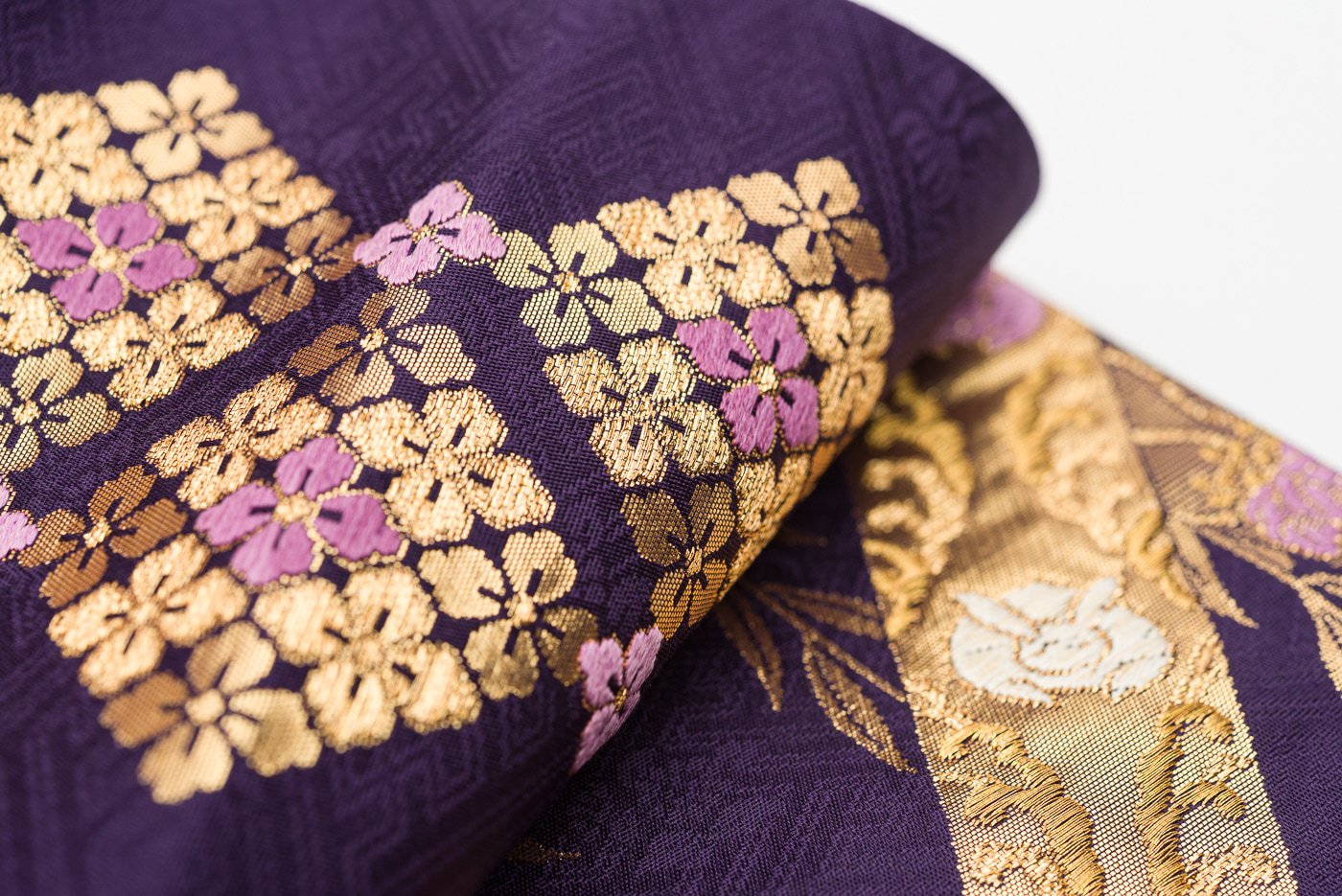 聚楽1671.名門 じゅらく 帝王紫 聚楽 袋帯 六通柄 多種の花 正絹 着物