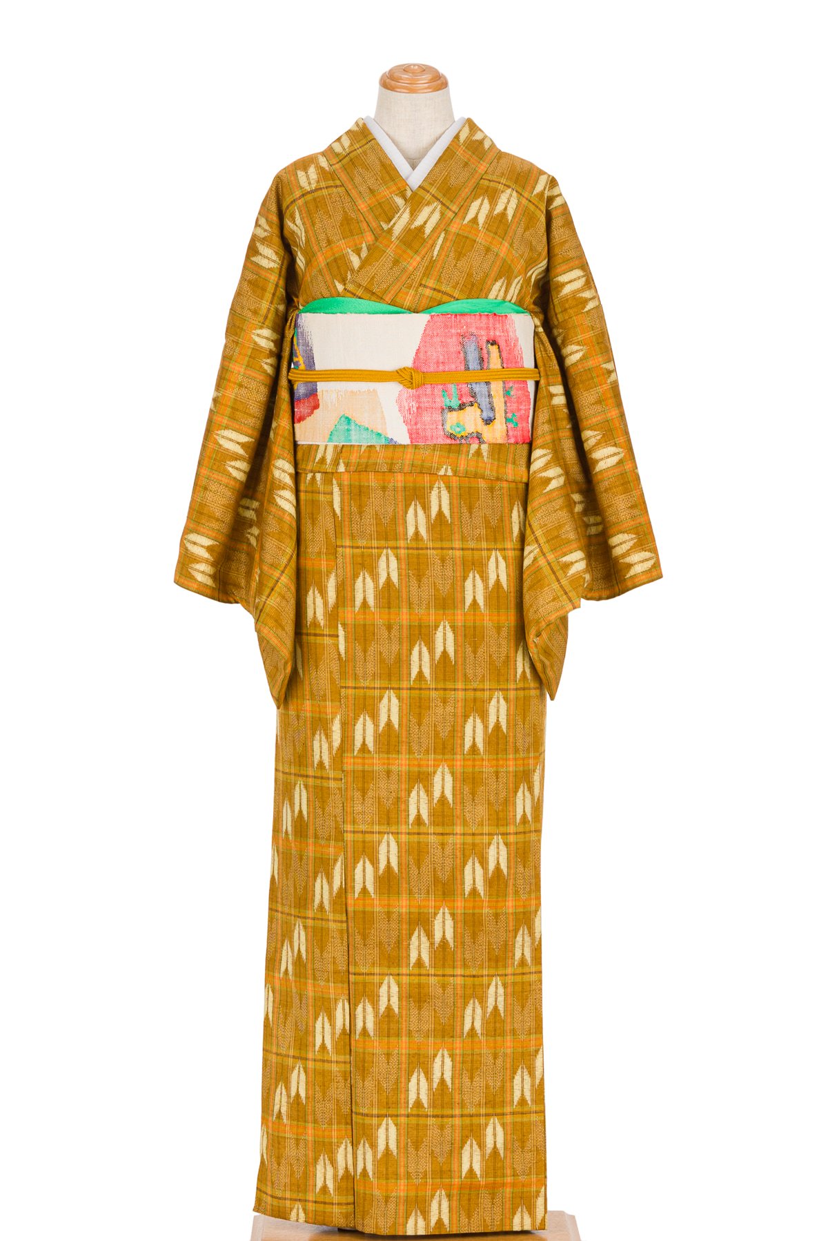 欲しいの 単衣 着物 紬 茶屋辻模様 黄海松茶色 広幅サイズ 正絹 着物 