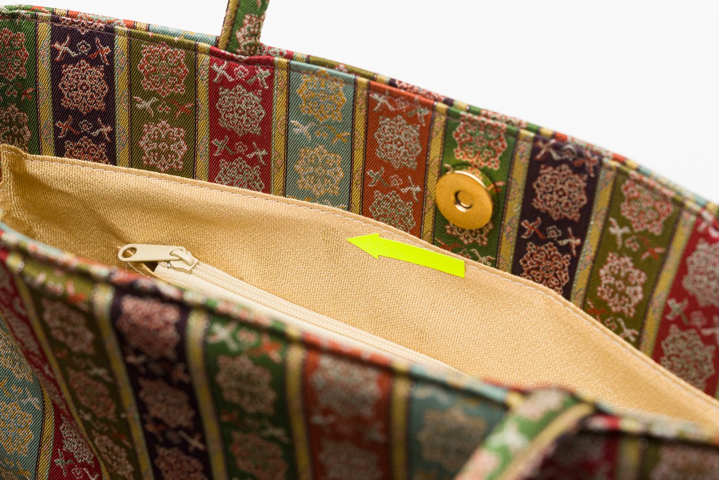 龍村美術織物　ハンドバッグ　和装バッグ　唐花雙鳥長斑錦　正絹　本革　レザー　赤茶