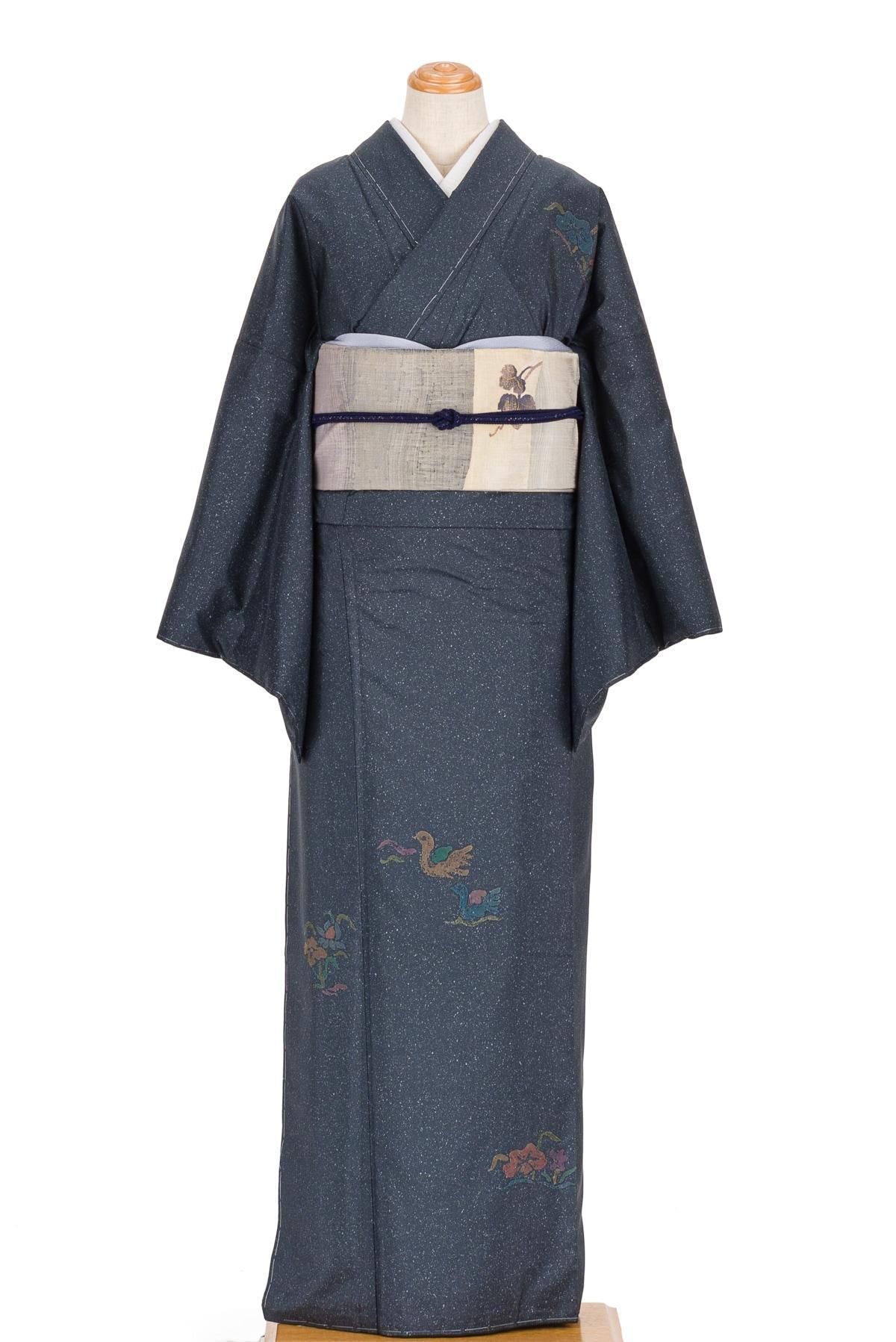 紬　縦縞　唐花　花模様　付け下げ　着物　031t