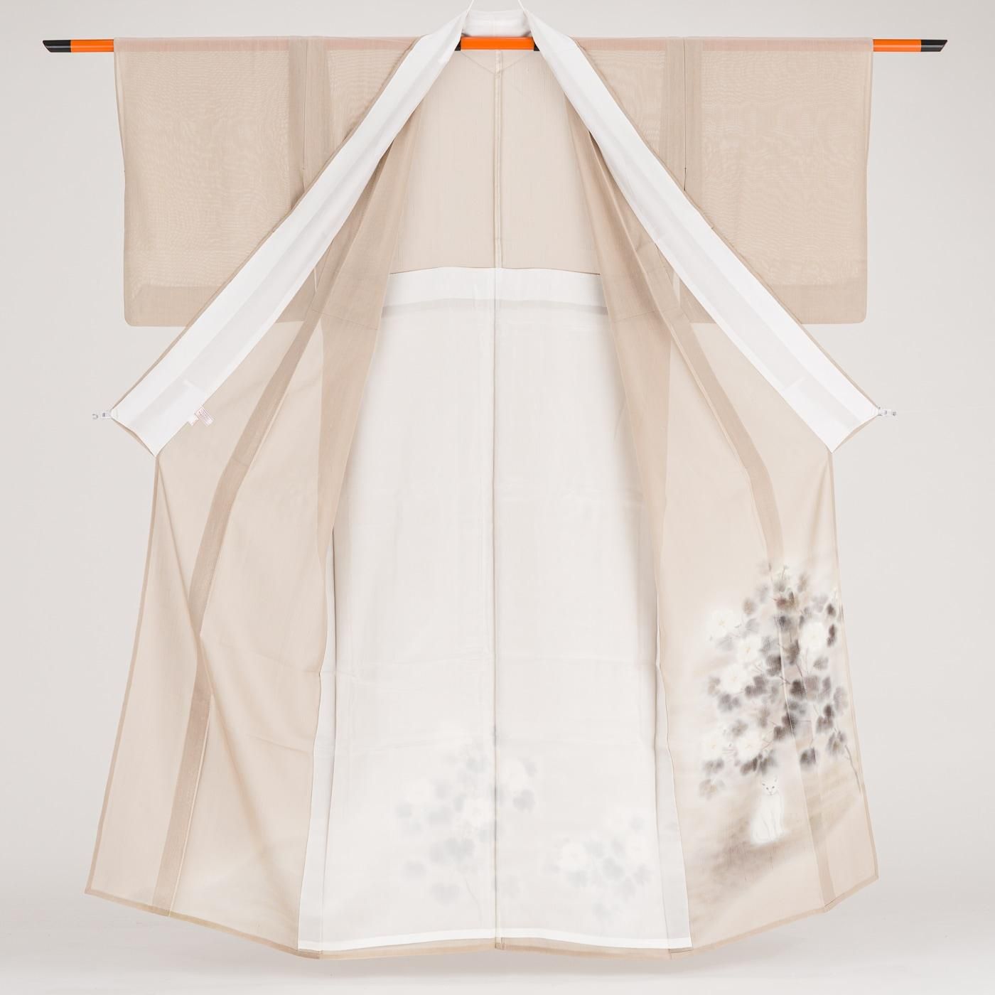 紗紬 花と白猫 ゆったりサイズ - からん::アンティーク着物